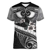 Black Polynesia Women V-Neck T-Shirt Tribal Pattern Tropical Frangipani