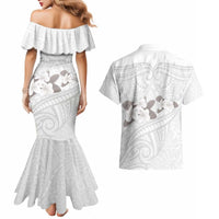 White Polynesia Couples Matching Mermaid Dress and Hawaiian Shirt Tribal Pattern Tropical Frangipani