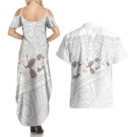 White Polynesia Couples Matching Summer Maxi Dress and Hawaiian Shirt Tribal Pattern Tropical Frangipani