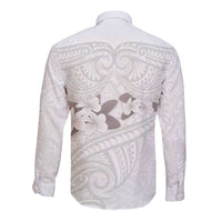 White Polynesia Long Sleeve Button Shirt Tribal Pattern Tropical Frangipani