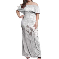 White Polynesia Off Shoulder Maxi Dress Tribal Pattern Tropical Frangipani