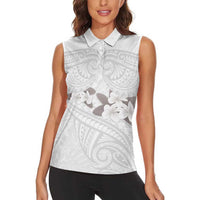 White Polynesia Women Sleeveless Polo Shirt Tribal Pattern Tropical Frangipani