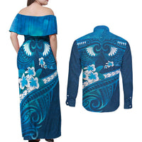 Blue Polynesia Couples Matching Off Shoulder Maxi Dress and Long Sleeve Button Shirt Tribal Pattern Tropical Frangipani