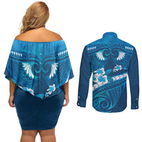 Blue Polynesia Couples Matching Off Shoulder Short Dress and Long Sleeve Button Shirt Tribal Pattern Tropical Frangipani