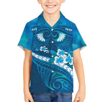 Blue Polynesia Family Matching Short Sleeve Bodycon Dress and Hawaiian Shirt Tribal Pattern Tropical Frangipani