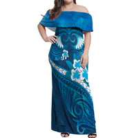 Blue Polynesia Off Shoulder Maxi Dress Tribal Pattern Tropical Frangipani