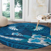 Blue Polynesia Round Carpet Tribal Pattern Tropical Frangipani