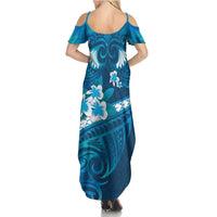 Blue Polynesia Summer Maxi Dress Tribal Pattern Tropical Frangipani