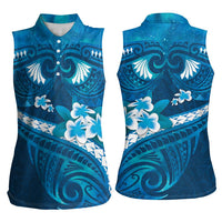 Blue Polynesia Women Sleeveless Polo Shirt Tribal Pattern Tropical Frangipani