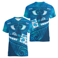 Blue Polynesia Women V-Neck T-Shirt Tribal Pattern Tropical Frangipani
