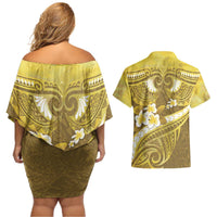 Gold Polynesia Couples Matching Off Shoulder Short Dress and Hawaiian Shirt Tribal Pattern Tropical Frangipani