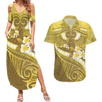 Gold Polynesia Couples Matching Summer Maxi Dress and Hawaiian Shirt Tribal Pattern Tropical Frangipani