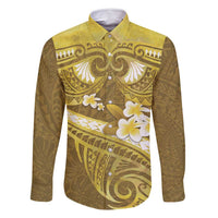 Gold Polynesia Family Matching Off Shoulder Maxi Dress and Hawaiian Shirt Tribal Pattern Tropical Frangipani