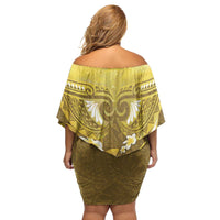 Gold Polynesia Family Matching Off Shoulder Short Dress and Hawaiian Shirt Tribal Pattern Tropical Frangipani