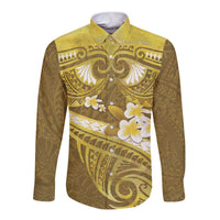 Gold Polynesia Long Sleeve Button Shirt Tribal Pattern Tropical Frangipani