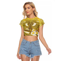 Gold Polynesia Raglan Cropped T Shirt Tribal Pattern Tropical Frangipani