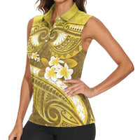 Gold Polynesia Women Sleeveless Polo Shirt Tribal Pattern Tropical Frangipani