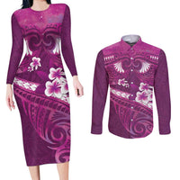 Pink Polynesia Couples Matching Long Sleeve Bodycon Dress and Long Sleeve Button Shirt Tribal Pattern Tropical Frangipani