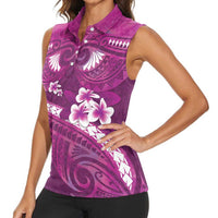 Pink Polynesia Women Sleeveless Polo Shirt Tribal Pattern Tropical Frangipani