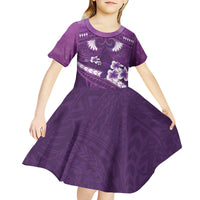 Purple Polynesia Kid Short Sleeve Dress Tribal Pattern Tropical Frangipani