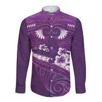 Purple Polynesia Long Sleeve Button Shirt Tribal Pattern Tropical Frangipani