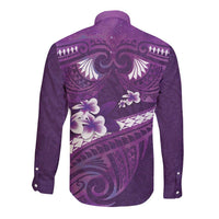 Purple Polynesia Long Sleeve Button Shirt Tribal Pattern Tropical Frangipani