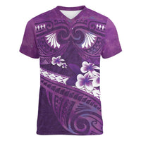 Purple Polynesia Women V-Neck T-Shirt Tribal Pattern Tropical Frangipani