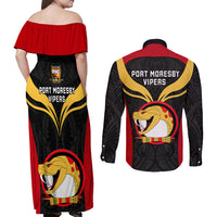 Papua New Guinea Rugby Couples Matching Off Shoulder Maxi Dress and Long Sleeve Button Shirts Port Moresby Vipers PNG Polynesian Pattern LT14 - Polynesian Pride
