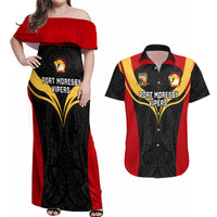 Custom Papua New Guinea Rugby Couples Matching Off Shoulder Maxi Dress and Hawaiian Shirt Port Moresby Vipers PNG Polynesian Pattern LT14 Black - Polynesian Pride