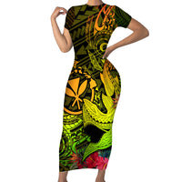 Hawaii Short Sleeve Bodycon Dress Kanaka Map With Polynesian Shark Tattoo Reggae Unique LT14 Long Dress Reggae - Polynesian Pride