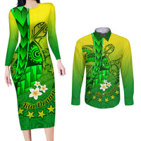 Kia Orana Cook Islands Couples Matching Long Sleeve Bodycon Dress and Long Sleeve Button Shirt Kuki Airani Tattoo Pattern With Sea Turtle LT14 Green - Polynesian Pride