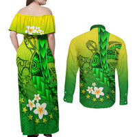 Kia Orana Cook Islands Couples Matching Off Shoulder Maxi Dress and Long Sleeve Button Shirt Kuki Airani Tattoo Pattern With Sea Turtle LT14 - Polynesian Pride