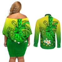 Kia Orana Cook Islands Couples Matching Off Shoulder Short Dress and Long Sleeve Button Shirt Kuki Airani Tattoo Pattern With Sea Turtle LT14 - Polynesian Pride