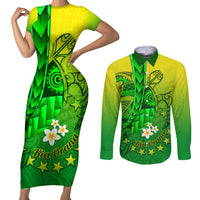 Kia Orana Cook Islands Couples Matching Short Sleeve Bodycon Dress and Long Sleeve Button Shirt Kuki Airani Tattoo Pattern With Sea Turtle LT14 Green - Polynesian Pride