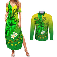 Kia Orana Cook Islands Couples Matching Summer Maxi Dress and Long Sleeve Button Shirt Kuki Airani Tattoo Pattern With Sea Turtle LT14 Green - Polynesian Pride