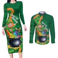 St Patrick's Day Hawaii Couples Matching Long Sleeve Bodycon Dress and Long Sleeve Button Shirt Hauoli Maoli Funny Shaka Leprechaun LT14 Green - Polynesian Pride