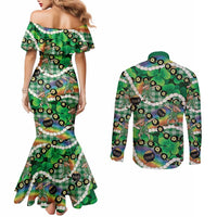 St Patrick's Day Palaka Hawaii Couples Matching Mermaid Dress and Long Sleeve Button Shirt Kukui Nut Pikake Lei Shamrock Dabbing Leprechaun
