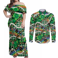 St Patrick's Day Palaka Hawaii Couples Matching Off Shoulder Maxi Dress and Long Sleeve Button Shirt Kukui Nut Pikake Lei Shamrock Dabbing Leprechaun