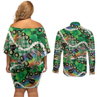 St Patrick's Day Palaka Hawaii Couples Matching Off Shoulder Short Dress and Long Sleeve Button Shirt Kukui Nut Pikake Lei Shamrock Dabbing Leprechaun