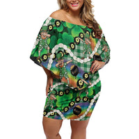 St Patrick's Day Palaka Hawaii Family Matching Off Shoulder Short Dress and Hawaiian Shirt Kukui Nut Pikake Lei Shamrock Dabbing Leprechaun LT14 Mom's Dress Green - Polynesian Pride