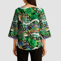 St Patrick's Day Palaka Hawaii Kimono Sleeve Blouse Kukui Nut Pikake Lei Shamrock Dabbing Leprechaun