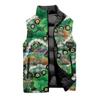 St Patrick's Day Palaka Hawaii Sleeveless Puffer Jacket Kukui Nut Pikake Lei Shamrock Dabbing Leprechaun