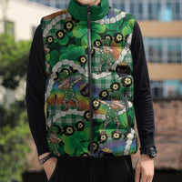 St Patrick's Day Palaka Hawaii Sleeveless Puffer Jacket Kukui Nut Pikake Lei Shamrock Dabbing Leprechaun
