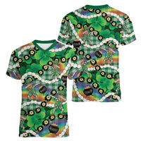 St Patrick's Day Palaka Hawaii Women V-Neck T-Shirt Kukui Nut Pikake Lei Shamrock Dabbing Leprechaun