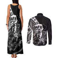 Hafa Adai Guam Discovery Day Couples Matching Tank Maxi Dress and Long Sleeve Button Shirt Chamorro Latte Stone Hand Black Version