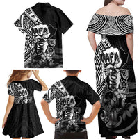 Hafa Adai Guam Discovery Day Family Matching Off Shoulder Maxi Dress and Hawaiian Shirt Chamorro Latte Stone Hand Black Version