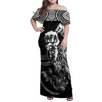 Hafa Adai Guam Discovery Day Family Matching Off Shoulder Maxi Dress and Hawaiian Shirt Chamorro Latte Stone Hand Black Version