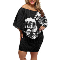 Hafa Adai Guam Discovery Day Family Matching Off Shoulder Short Dress and Hawaiian Shirt Chamorro Latte Stone Hand Black Version