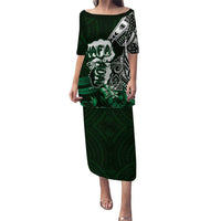 Hafa Adai Guam Discovery Day Family Matching Puletasi and Hawaiian Shirt Chamorro Latte Stone Hand Green Version