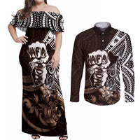 Hafa Adai Guam Discovery Day Couples Matching Off Shoulder Maxi Dress and Long Sleeve Button Shirt Chamorro Latte Stone Hand Brown Version